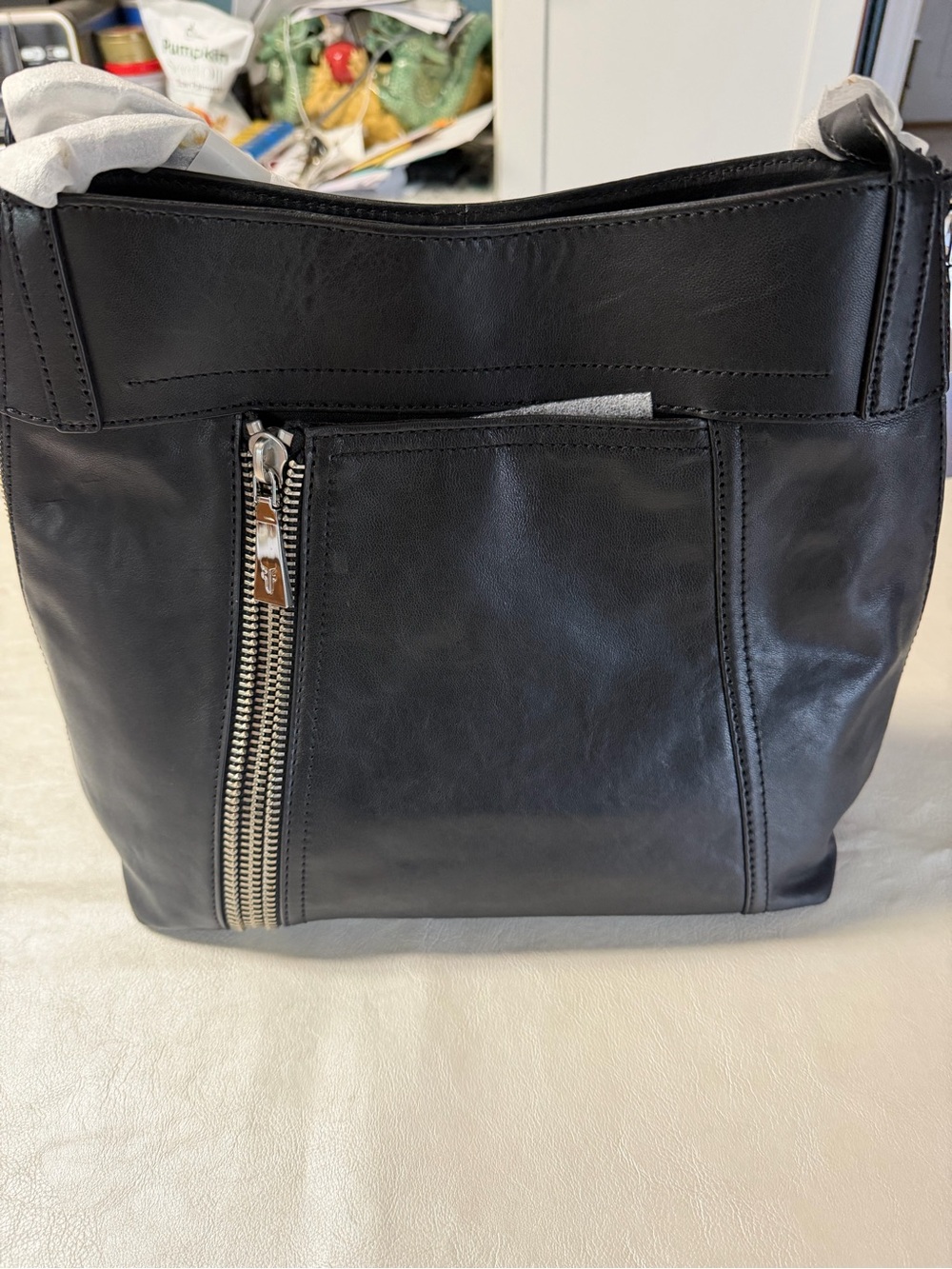 Frye Lena Black Leather Zip-Front Shoulder Bag